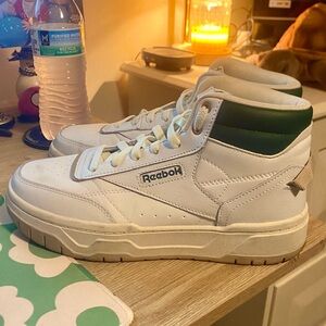 Reebok White Mid-Top Sneakers with Dark Green Collar